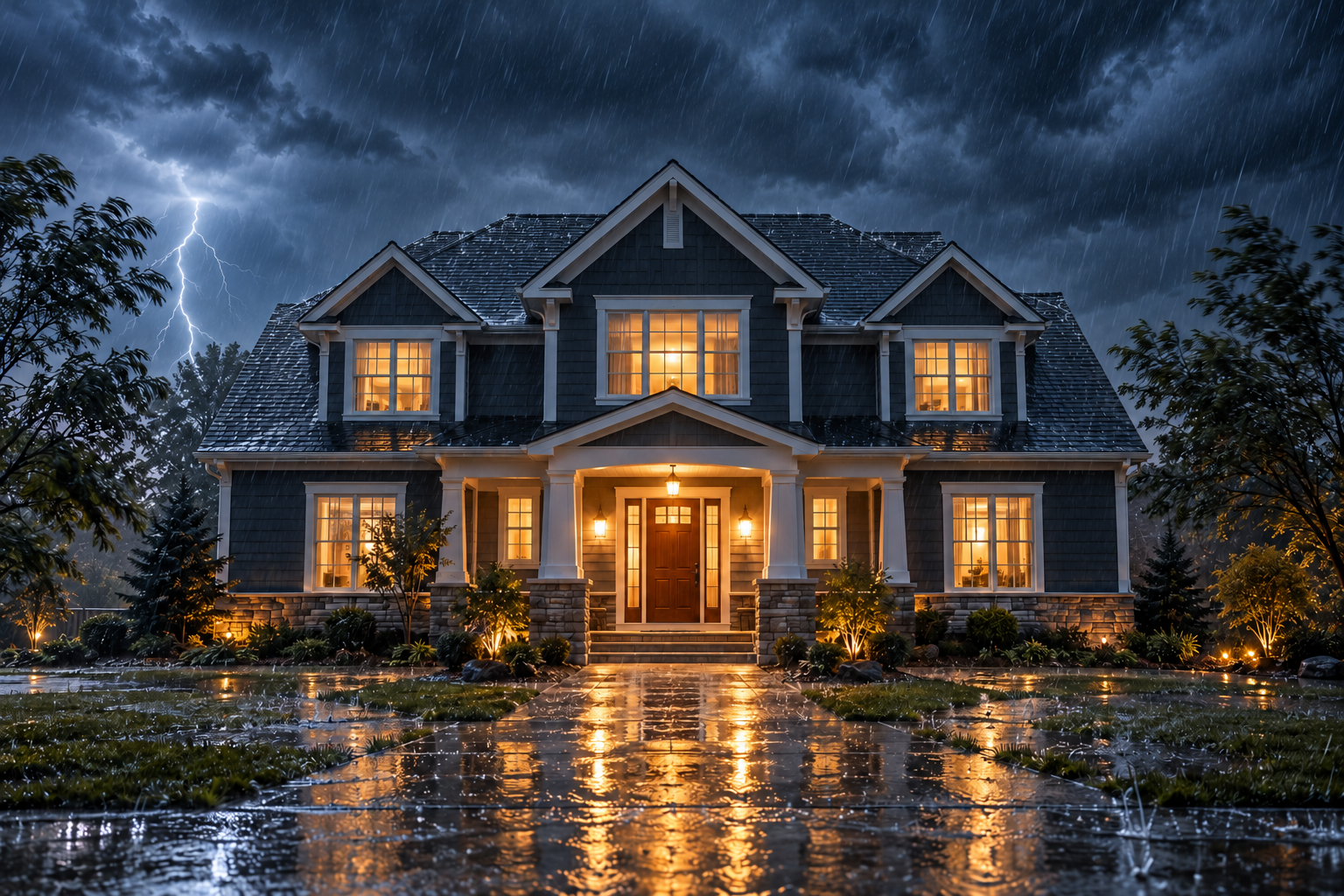 A house in a thunderstorm with a warm, welcoming front door